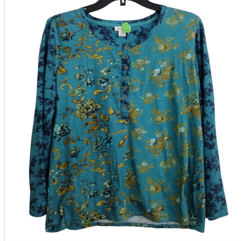 Sundance Multi pattern Floral Teal and Gold Women's Top 100% Cotton Size Small